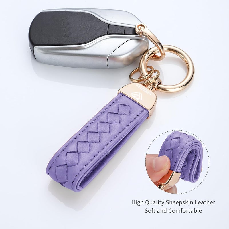Hamdecro Store Genuine Leather Car Keychain, Handmade Knit Sheepskin Key chains for Women, Universal Key Fob Holder with 360 Degree Rotatable, Anti-Lost D-Ring, 2 Keyrings and 1 Screwdriver – Lavender Purple - Image 2